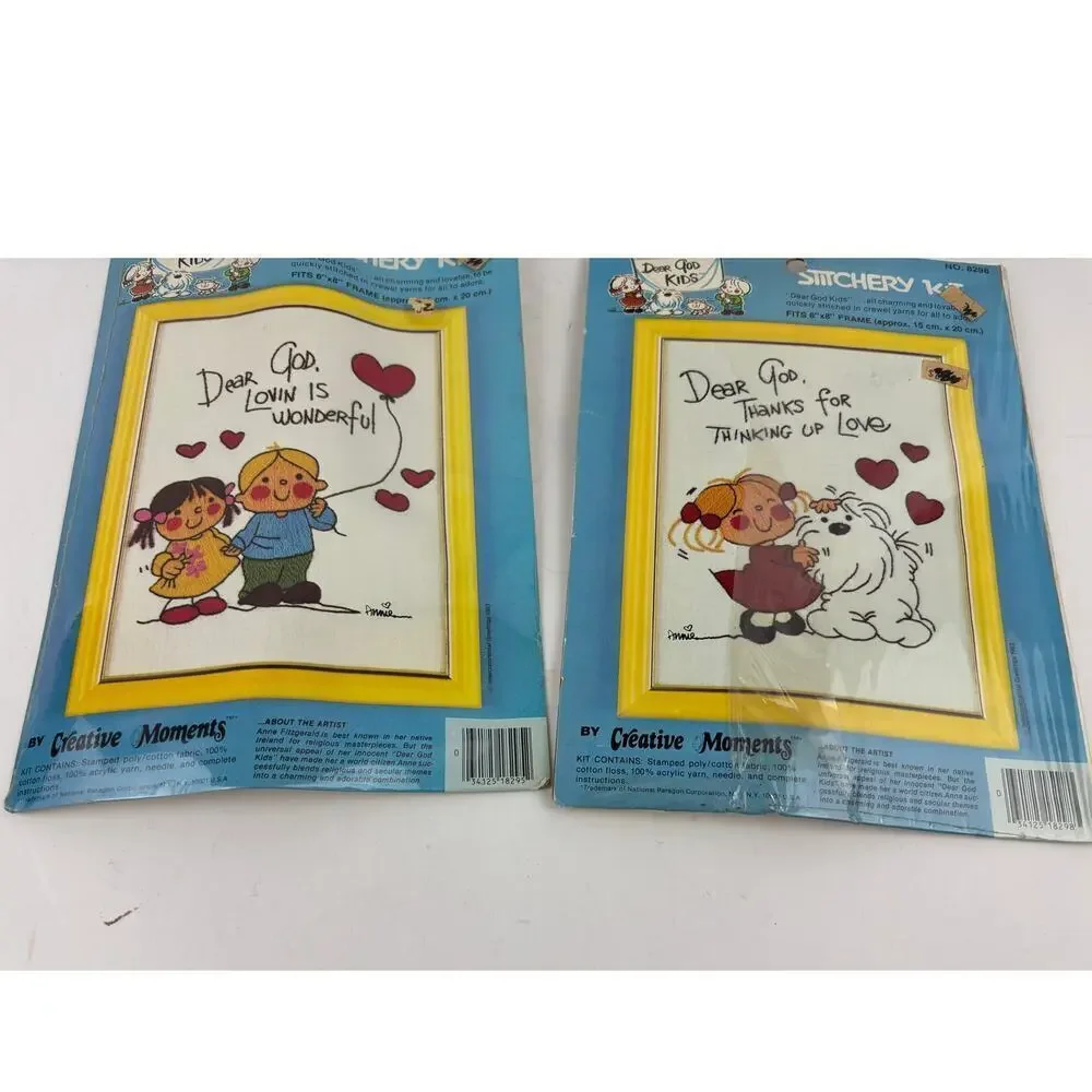 Lot of 2 Dear God Kids Creative Moments Stitchery 6 X 8 Frame Cross Stitch 1980s
